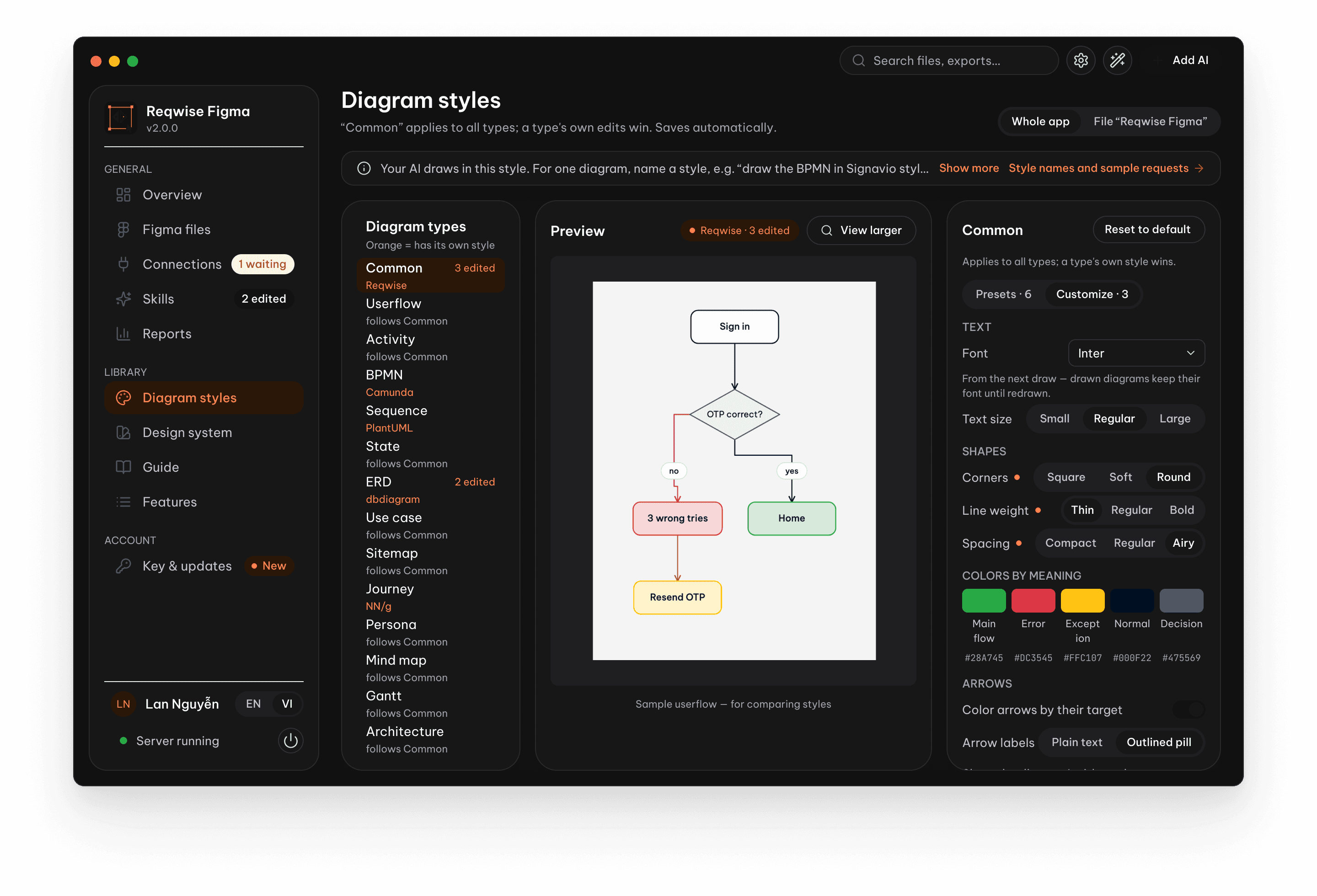 Reqwise Figma app, Diagram styles page: the 13 diagram types, a sample userflow preview and settings for font, corners, line weight and colors by meaning