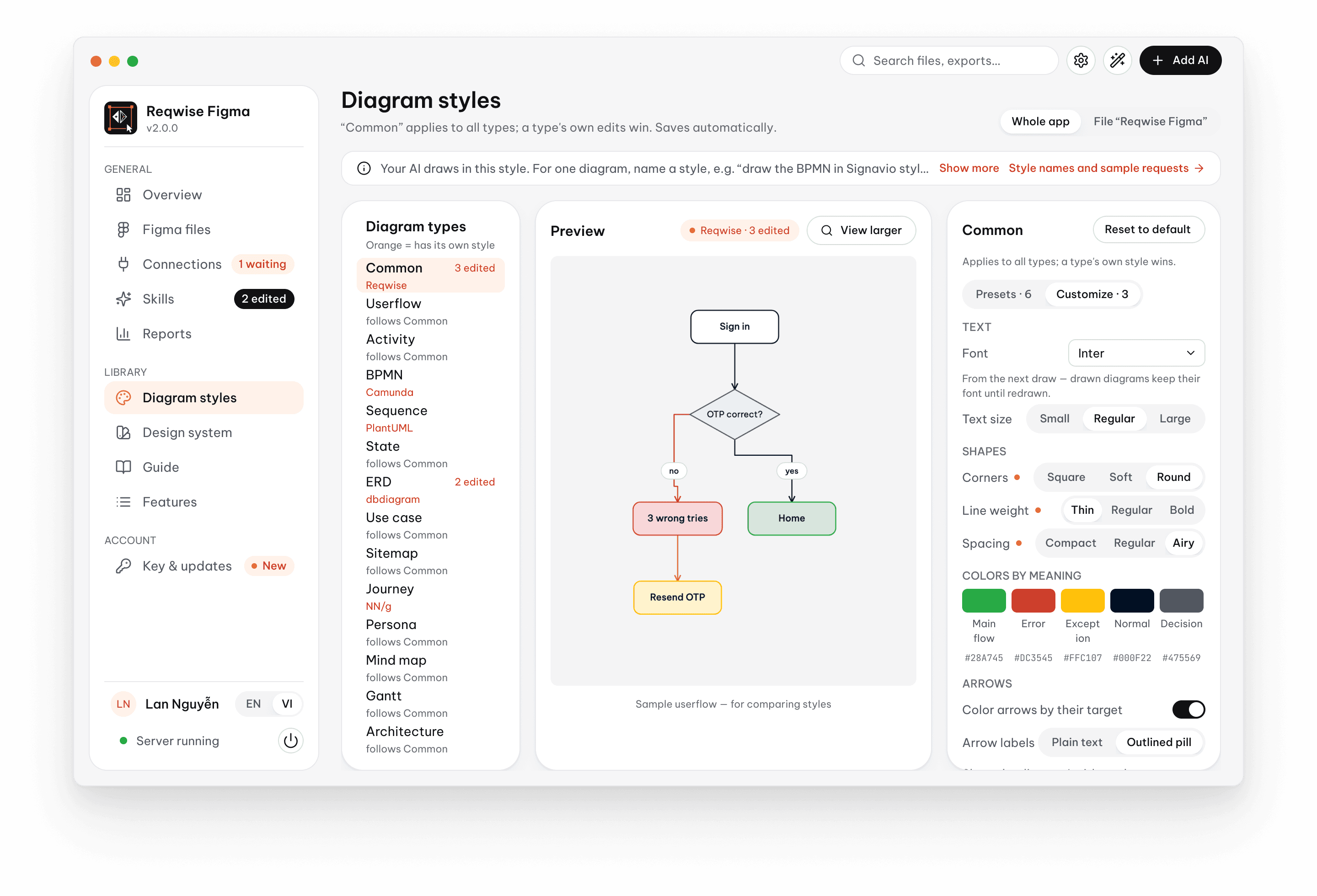 Reqwise Figma app, Diagram styles page: the 13 diagram types, a sample userflow preview and settings for font, corners, line weight and colors by meaning