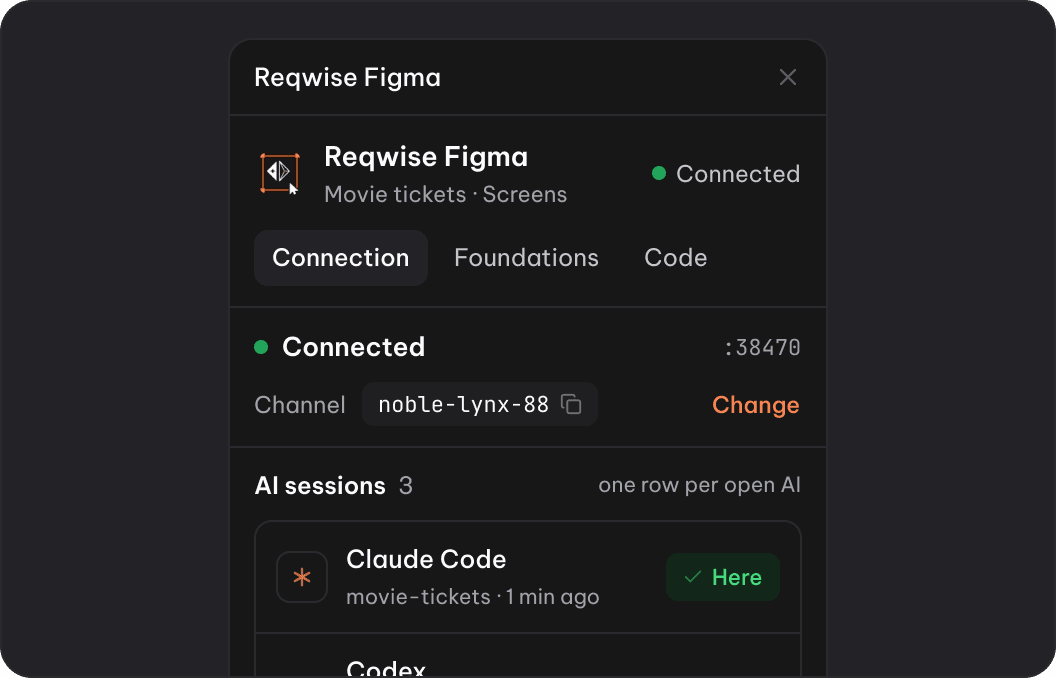 Reqwise Figma plugin in the “Movie tickets” file: connected, channel noble-lynx-88, 3 AI sessions (Claude Code, Codex, Cursor)