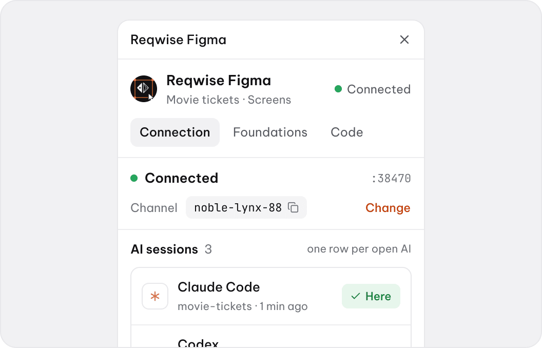 Reqwise Figma plugin in the “Movie tickets” file: connected, channel noble-lynx-88, 3 AI sessions (Claude Code, Codex, Cursor)