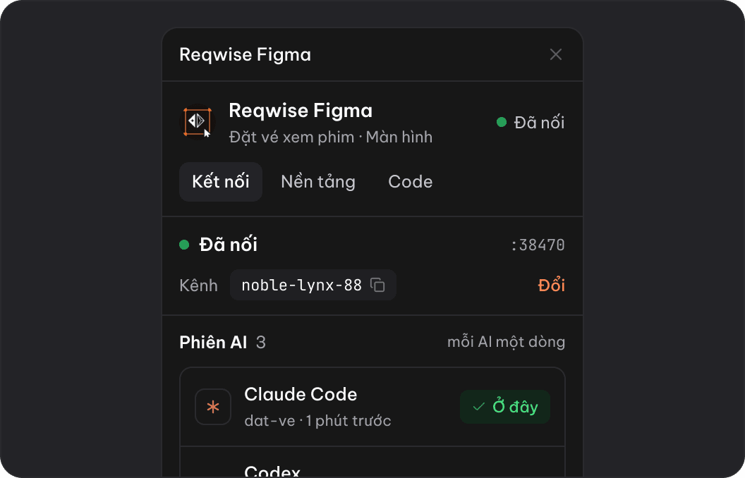 Plugin Reqwise Figma trong file “Đặt vé xem phim”: đã nối, kênh noble-lynx-88, 3 phiên AI (Claude Code, Codex, Cursor)