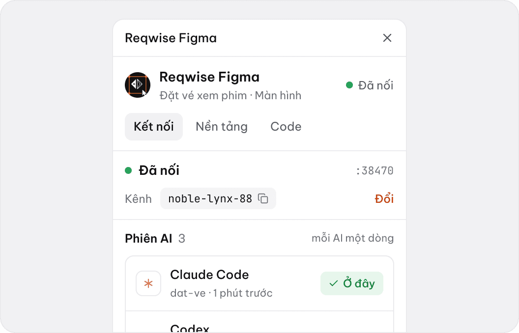 Plugin Reqwise Figma trong file “Đặt vé xem phim”: đã nối, kênh noble-lynx-88, 3 phiên AI (Claude Code, Codex, Cursor)