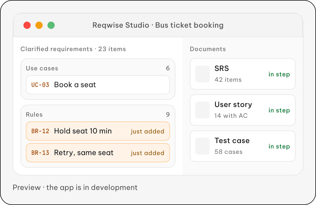 Reqwise Studio app: clarified requirements (use cases, rules) and documents in step (SRS, user stories, test cases)