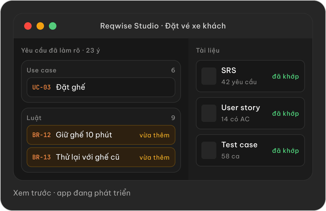 App Reqwise Studio: yêu cầu đã làm rõ (use case, luật) và các tài liệu đã khớp (SRS, user story, test case)
